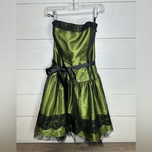 Vintage Jessica McClintock for Gunne Sax Strapless Party Dress Green Black Lace